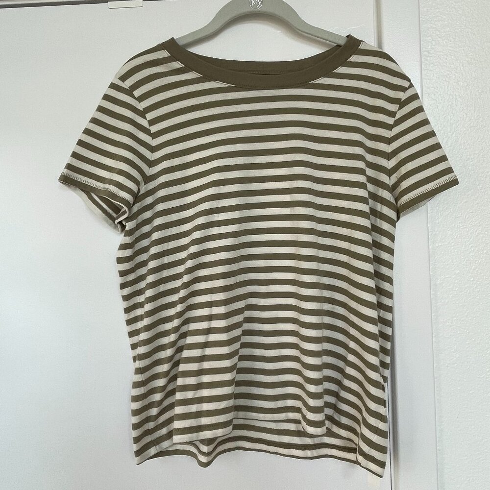 Madewell Striped Crewneck T-Shirt in Olive Green and White, Size M